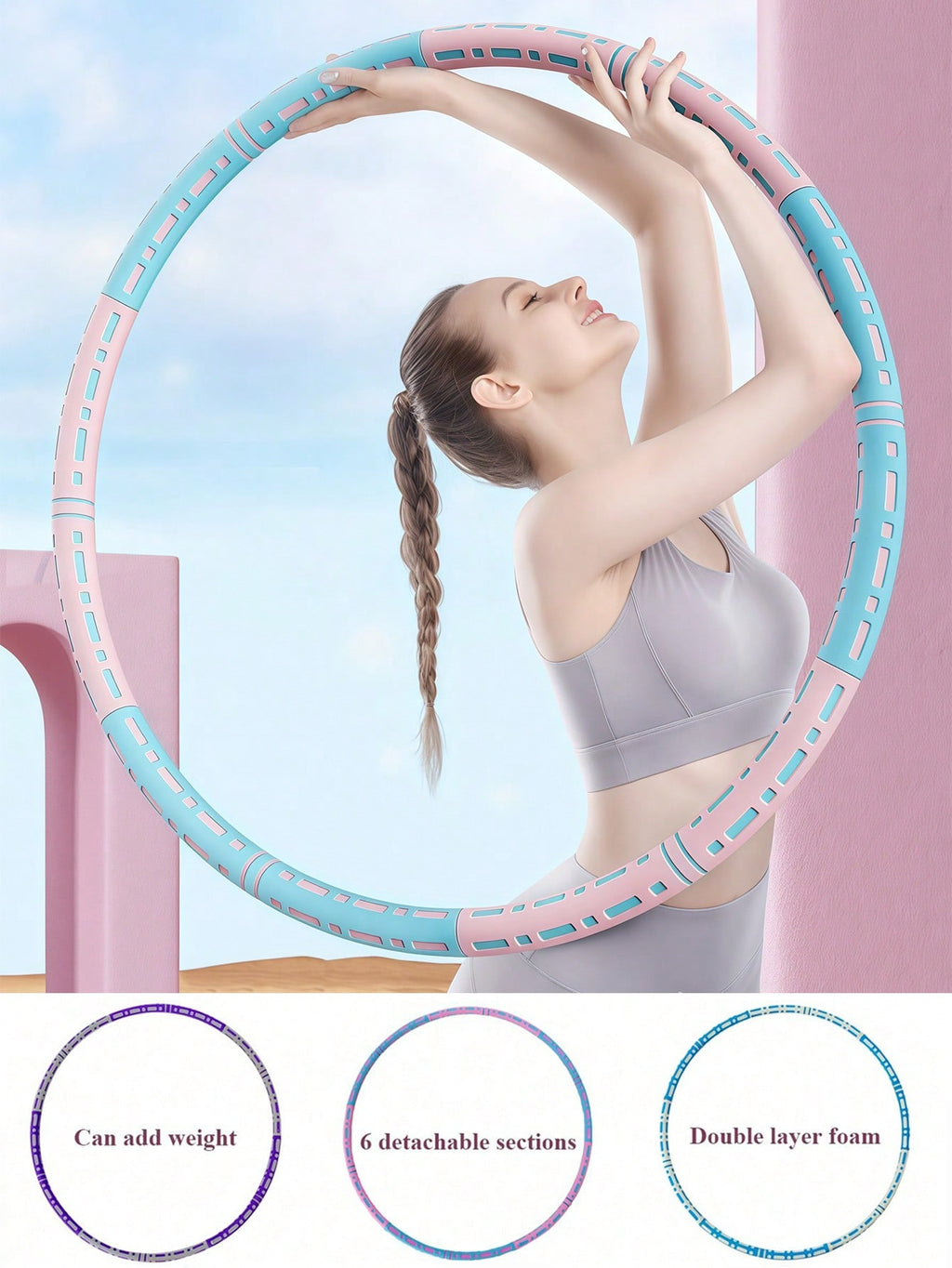 6-Segment Detachable Soft Foam Filled Stainless Steel Adjustable Weight Fitness Hoop, Portable Adult Unisex Aerobic Core Training Waist Shaping Dance Pilates Yoga Gymnastics Home Fitness Equipment Weight Loss Product