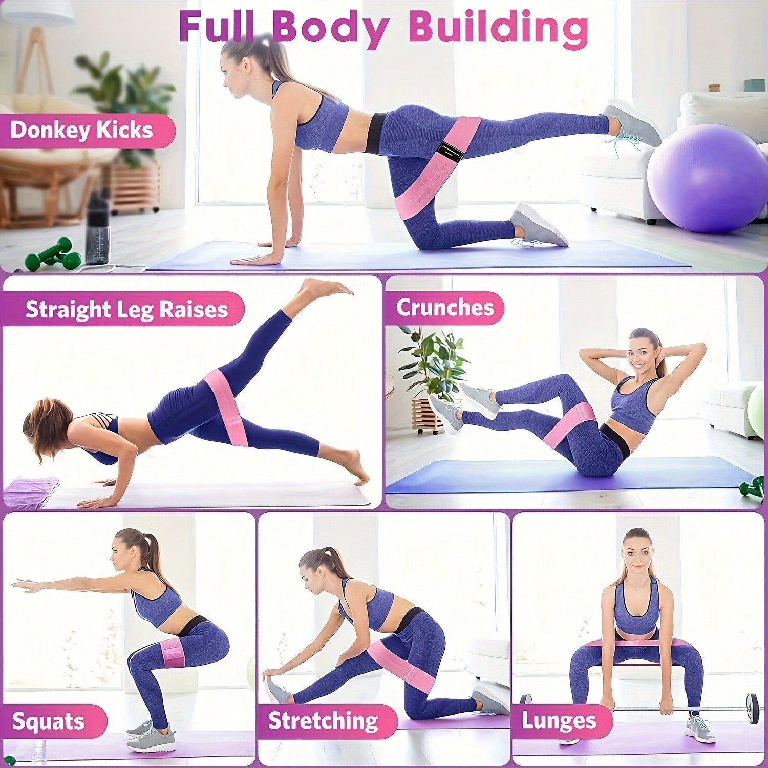 Upgraded Non-Slip Yoga Resistance Bands, Suitable For Stretching, Strength Training, Squats, Lunges And Core Workouts, Available In Pink, Purple And Green, Ideal For Home Gym And Travel Use