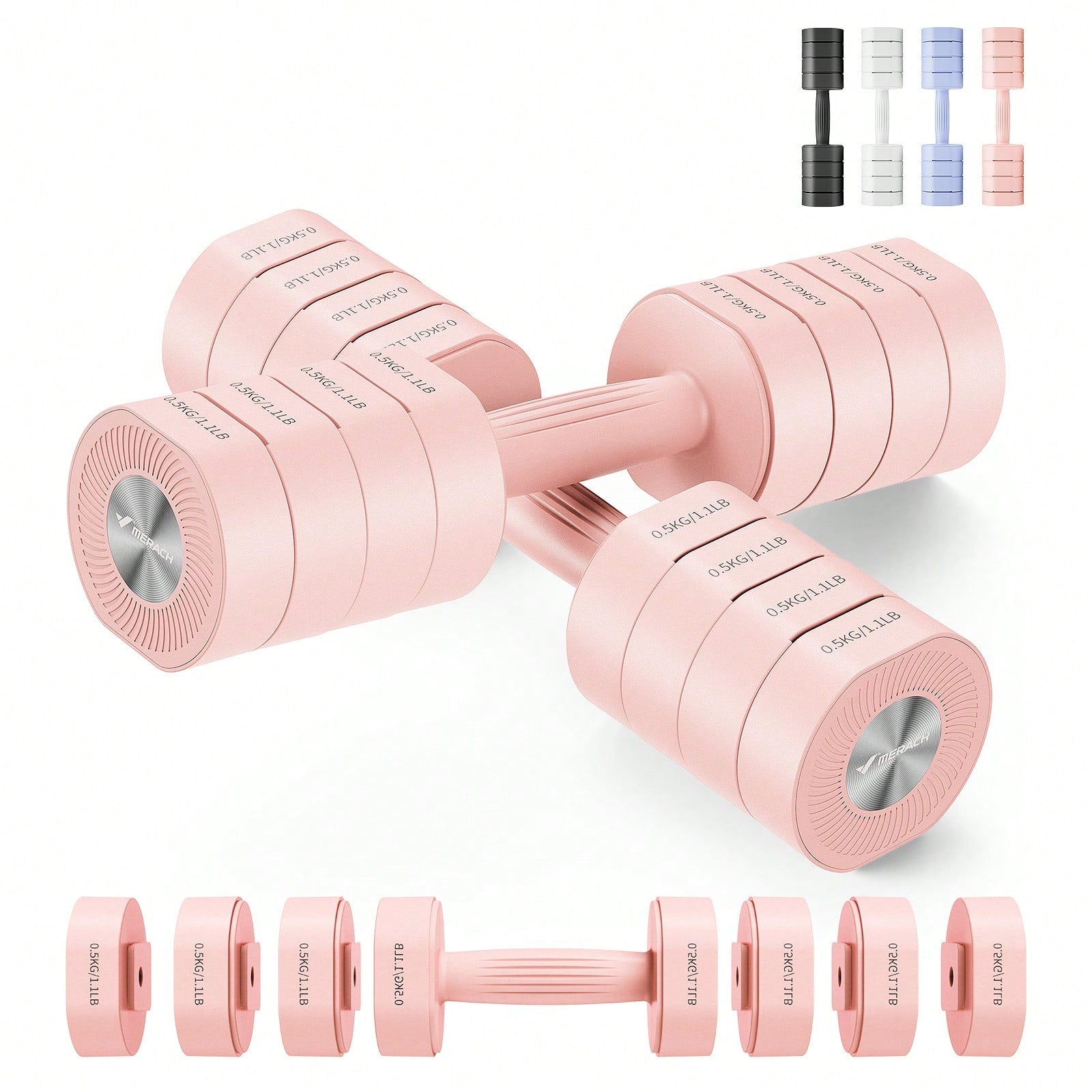 MERACH Dumbbell Set Of 2, Adjustable Weight, Anti-Slip Handle, Macaron Colors, Each 2.2/4.4/6.6/8.8 Lbs, 4 In 1 Hand Weights For Women At Home